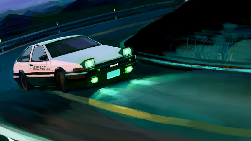 ae86 car commentary_request drifting dutch_angle guard_rail highres initial_d m.m_(chosuke320) motor_vehicle nature night no_humans outdoors road toyota toyota_sprinter_trueno vehicle_focus