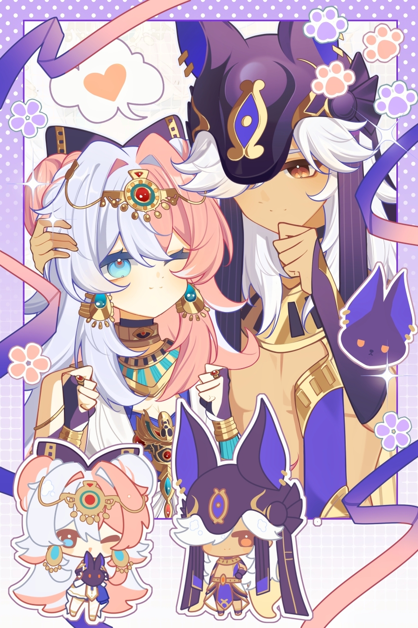 1boy 1girl absurdres ancient_egyptian_clothes ancient_egyptian_hat aqua_eyes bare_shoulders bow bridal_gauntlets chibi chinese_commentary clenched_hands closed_mouth commission couple cyno_(genshin_impact) earrings genshin_impact hair_bow hand_on_own_chin hand_up hands_up headpiece highres holding holding_toy jewelry light_smile long_hair looking_down looking_to_the_side looking_up multicolored_eyes multicolored_hair one_eye_closed orange_eyes original ribbon second-party_source stomach stuffed_toy swept_bangs tan toy two-tone_hair usekh_collar wavy_hair white_hair xinjinjumin826293095094
