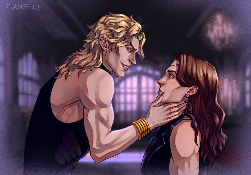 absurdres bare_arms bare_shoulders biceps black_jacket blonde_hair blush bracelet brown_eyes brown_hair character_name claws crop_top dark_background dio_brando earrings fangs flameflux hand_on_another&#039;s_chin heart heart_earrings highres indoors jacket jewelry jojo_no_kimyou_na_bouken long_hair male_focus muscular muscular_male pale_skin smile tank_top vampire vanilla_ice wavy_hair