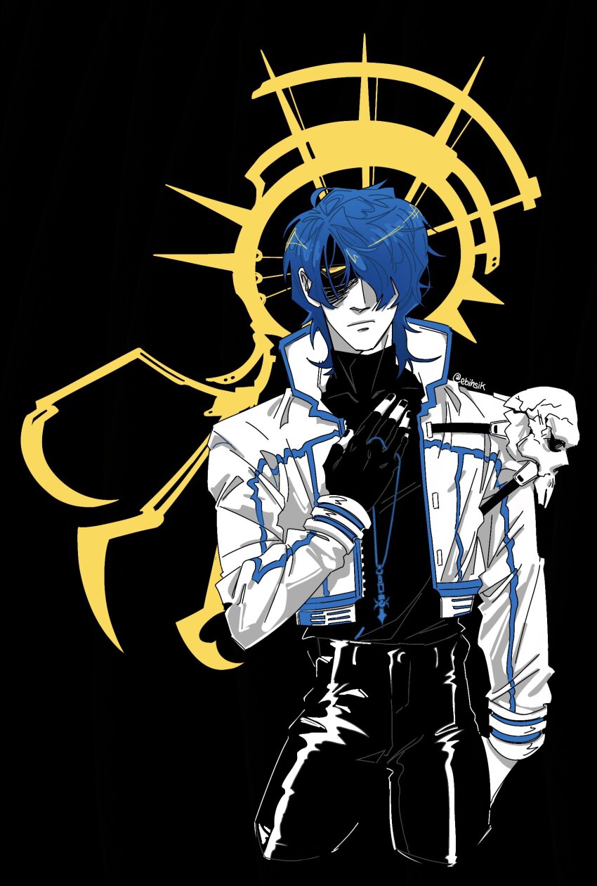 1boy abstract_background absurdres anime_coloring artist_name black_background black_gloves black_nails black_pants black_shirt blue_hair cropped_legs cross cross_necklace ebihsik fingerless_gloves gloves hair_over_one_eye half-closed_eyes high_contrast highres jacket jewelry lapels legato_bluesummers long_sleeves medium_hair messy_hair necklace open_clothes open_jacket pants shirt signature single_glove skull_ornament swept_bangs tight_clothes tight_pants trigun trigun_maximum turtleneck turtleneck_shirt twitter_username two-tone-background wavy_hair white_jacket yellow_eyes