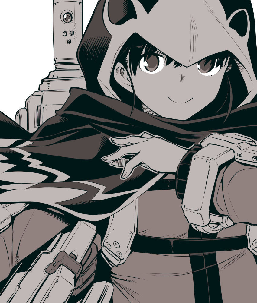 1girl absurdres black_hair close-up exoskeleton fingernails greyscale hand_up hatching_(texture) hawkeyes_(mechanical_buddy_universe) highres hood hoodie kato_takuji looking_at_viewer mechanical_buddy_universe monochrome riika_rikkinen_(mechanical_buddy_universe) robot science_fiction simple_background smile white_background
