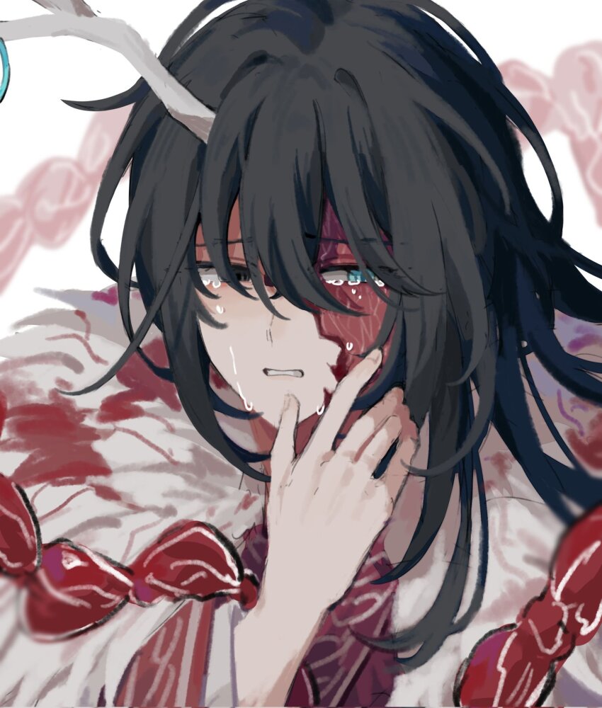 1boy antlers black_eyes black_hair blue_eyes burn_scar crying crying_with_eyes_open double-parted_bangs fur_collar hair_between_eyes hand_on_own_face heterochromia highres hong_lu_(project_moon) horns limbus_company male_focus project_moon scar solo tears tears_of_the_tarnished_blood_(e.g.o) upper_body white_background wuzinan19
