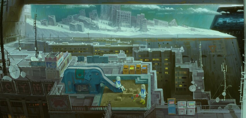 2girls absurdres building city_lights cityscape highres house multiple_girls original outdoors radio_antenna rooftop science_fiction shanchi wide_shot