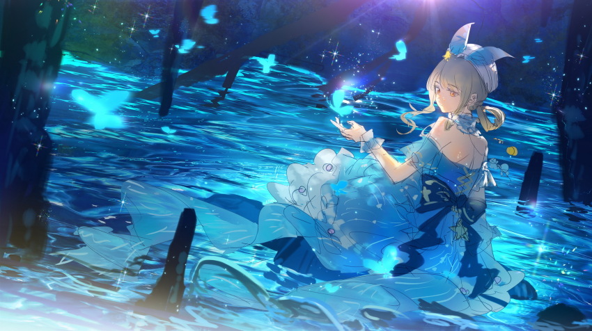 1girl back_bow bare_shoulders beads beret blonde_hair blue_bow blue_choker blue_dress blue_sky blue_wrist_cuffs bow brown_eyes bubble_print bubbly_voyage_(infinity_nikki) chinese_commentary choker closed_mouth commentary_request cross-laced_clothes cross-laced_dress detached_sleeves dress expressionless eyelashes frilled_choker frilled_dress frilled_wrist_cuffs frills full_body hair_rings hat hat_bow hat_ornament highres infinity_nikki lake light_particles looking_at_another medium_dress night nikki_(series) pillar pleated_skirt short_hair_with_long_locks short_sleeves sitting sketch skirt sky solo sparkle star_(symbol) star_hat_ornament strapless strapless_dress striped_clothes striped_dress tidsean vertical-striped_clothes vertical-striped_dress white_hat wrist_cuffs