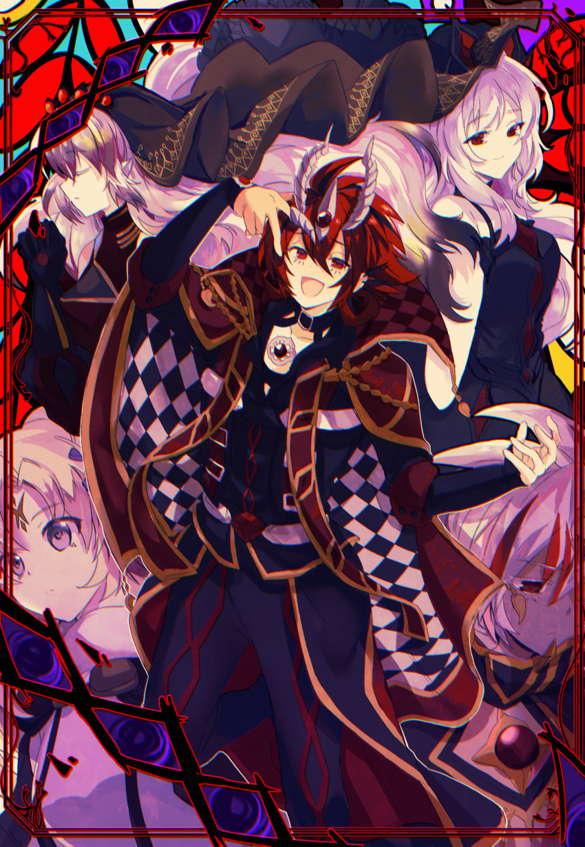 2boys 3girls albaz_(yu-gi-oh!) aluber_(yu-gi-oh!) aluber_the_jester_of_despia black_dress blazing_cartesia_the_virtuous blonde_hair breasts bridal_veil checkered_clothes closed_mouth collarbone dragon_horns dress duel_monster ecclesia_(yu-gi-oh!) facial_mark fallen_of_albaz forehead_mark gem guiding_quem_the_virtuous hair_over_one_eye highres holding holding_hands horns incredible_ecclesia_the_virtuous jewelry ka_(haterun) long_hair looking_at_viewer medium_breasts multiple_boys multiple_girls open_mouth pink_eyes pointy_ears red_eyes smile stigmata veil white_hair yu-gi-oh!