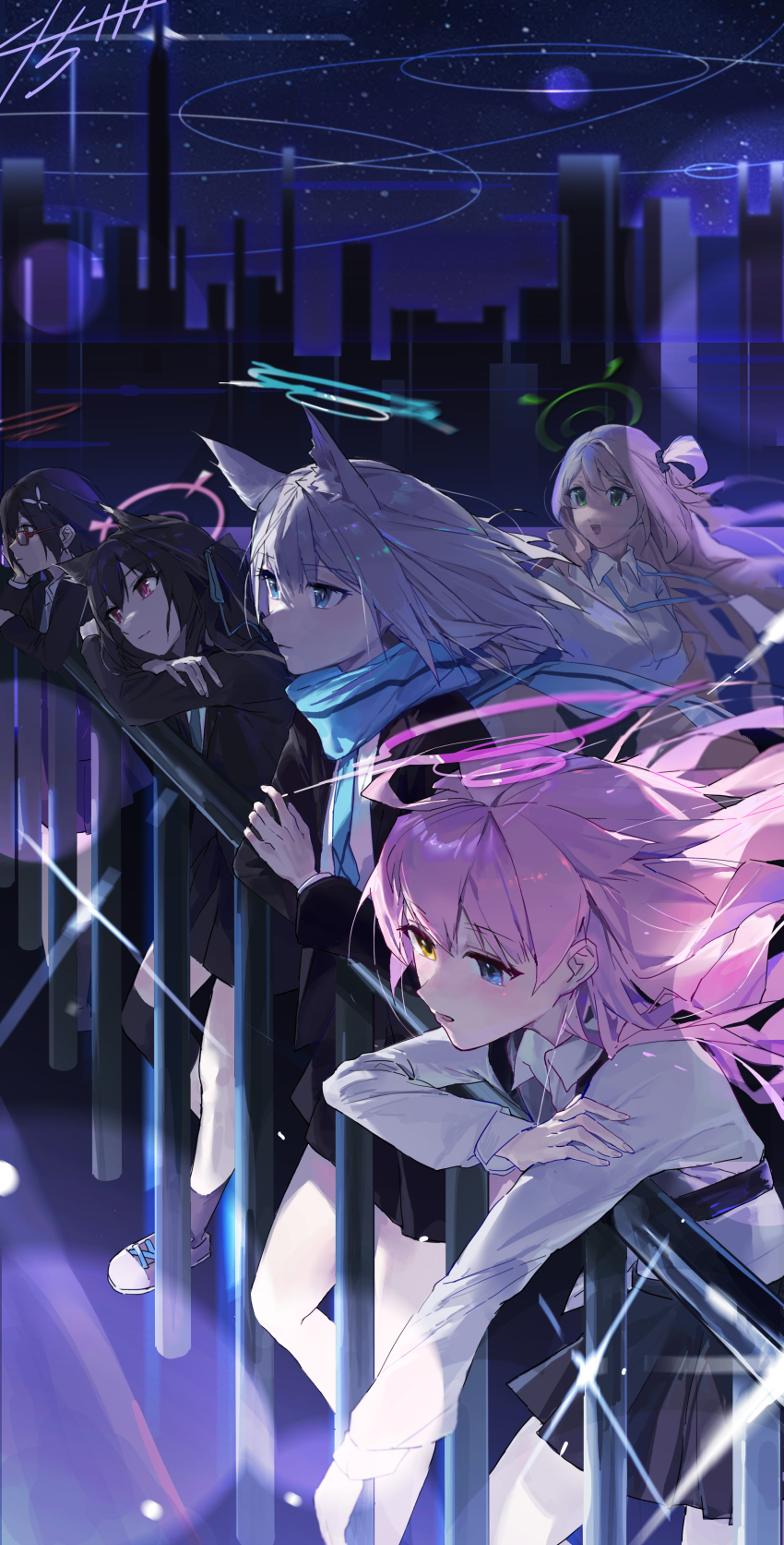 5girls aa45081 absurdres against_railing animal_ear_fluff animal_ears aqua_scarf artist_name ayane_(blue_archive) black_hair black_jacket blonde_hair blue_archive blue_eyes blue_halo blue_scarf cat_ears cat_girl city commentary_request foreclosure_task_force_(blue_archive) glasses green_eyes green_halo grey_hair hair_bun hair_ornament hair_ribbon halo heterochromia highres hoshino_(blue_archive) id_card jacket lanyard long_hair medium_hair mismatched_pupils multiple_girls night night_sky nonomi_(blue_archive) pink_hair pink_halo railing red_eyes red_halo ribbon scarf serika_(blue_archive) shiroko_(blue_archive) shirt short_hair signature single_side_bun skirt sky skyline twintails white_shirt wolf_ears wolf_girl yellow_eyes yellow_jacket