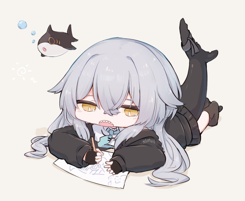 1girl black_gloves black_hoodie black_jacket black_skirt black_socks blue_necktie blush bubble chibi child&#039;s_drawing collared_shirt crayon crossed_bangs fingerless_gloves fins fish_tail full_body gloves grey_background grey_hair hair_between_eyes hair_flaps highres holding holding_pen holding_pencil hood hood_down hoodie jacket long_hair long_sleeves lying mok4suke necktie no_shoes on_stomach open_mouth paper pen pencil pleated_skirt rurune_(vrchat) shark_girl shark_tail sharp_teeth shirt sidelocks signature simple_background skirt sleepy socks solo squeans tail teeth upper_teeth_only very_long_hair vrchat white_shirt yellow_eyes