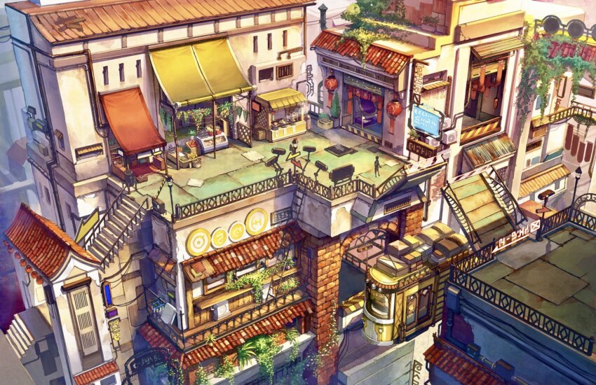 awning banister banner brick_wall bus cable chimney city cityscape commentary condenser_unit day door drainpipe drawbridge from_above hover_vehicle iyowa_girls ladder lamppost lantern market_stall mikan_yuzuko motor_vehicle original outdoors paper_lantern people plant potted_plant power_lines railing scenery shadow shop sign silhouette stairs sunlight tile_roof tree vent_(object) window