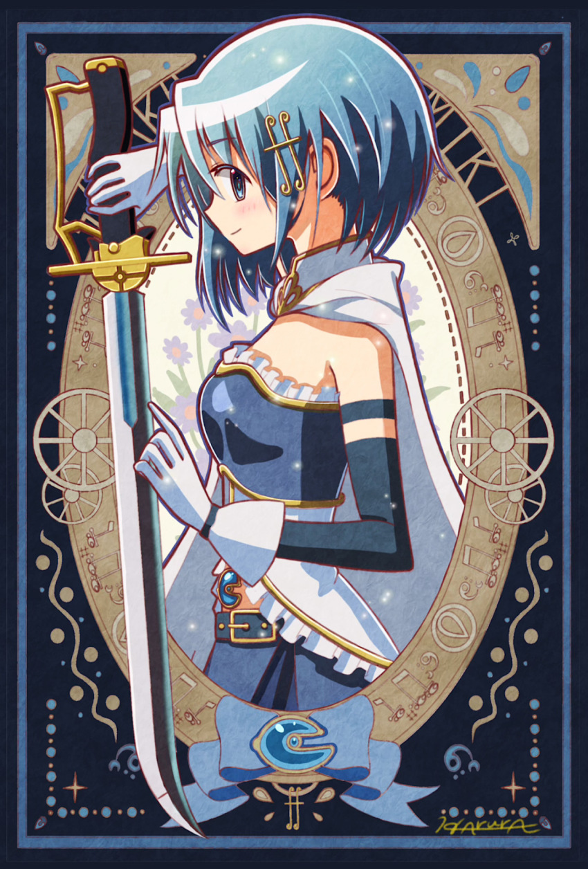 1girl art_nouveau artist_name belt black_sleeves blue_belt blue_eyes blue_hair blush breasts cape character_name closed_mouth commentary_request detached_sleeves fortissimo from_side gloves hair_ornament highres holding holding_sword holding_weapon looking_at_viewer magical_girl mahou_shoujo_madoka_magica mahou_shoujo_madoka_magica_(anime) medium_breasts medium_hair miki_sayaka miki_sayaka_(magical_girl) musical_note musical_note_hair_ornament sideways_glance signature solo sword weapon white_cape white_gloves yae_harura