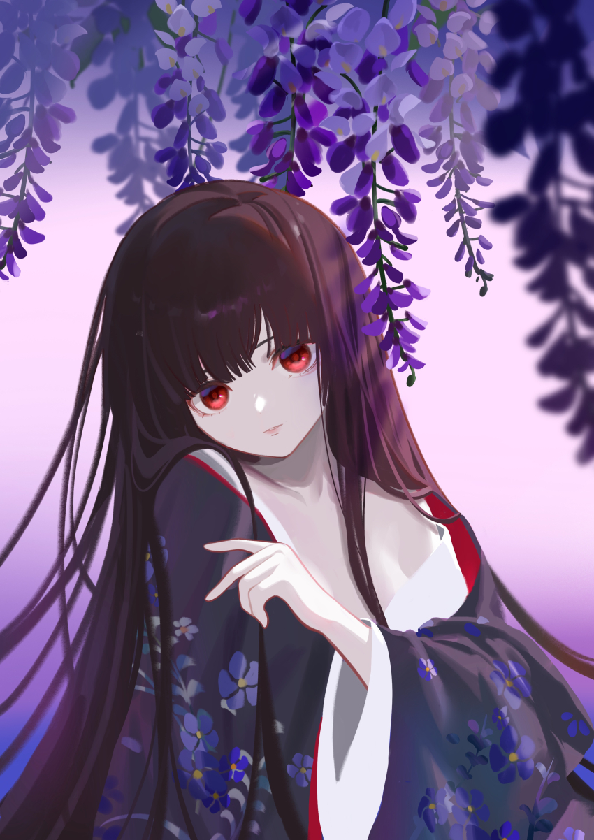 1girl absurdres baros black_hair black_kimono blunt_bangs enma_ai expressionless floral_print flower hair_over_shoulder head_on_own_shoulder highres japanese_clothes jigoku_shoujo kimono long_hair looking_at_viewer parted_lips purple_background purple_flower red_eyes single_bare_shoulder single_off_shoulder solo wide_sleeves wisteria
