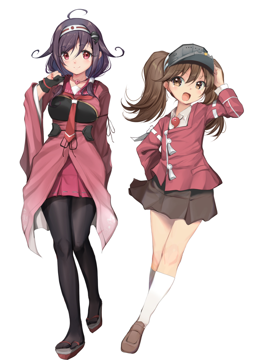 2girls absurdres ahoge black_gloves black_pantyhose brown_eyes brown_footwear brown_hair brown_skirt collared_shirt commentary_request dress_shirt full_body gloves hair_flaps hair_ornament hairband highres japanese_clothes kantai_collection kariginu loafers long_hair looking_at_viewer low_twintails magatama multiple_girls muneate pantyhose partially_fingerless_gloves partly_fingerless_gloves pleated_skirt purple_hair red_eyes red_sailor_collar red_shirt ryuuhou_(kancolle) ryuuhou_kai_ni_(kancolle) ryuujou_(kancolle) sailor_collar shikigami shirt shoes single_glove skirt socks standing taigei_(kancolle) twintails visor_cap whale_hair_ornament white_hairband white_shirt white_socks yashin_(yasinz) yugake