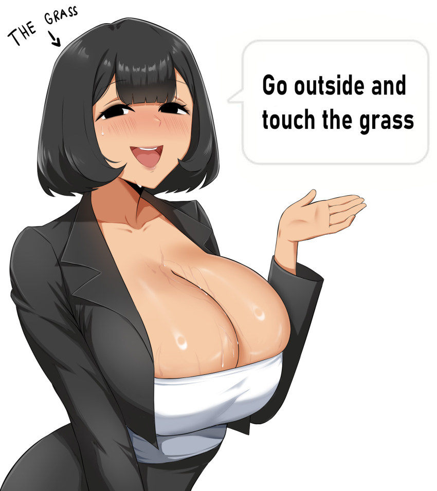 1girl arrow_(symbol) black_eyes black_hair black_jacket black_skirt blunt_bangs breasts collarbone commentary copyright_request cropped_jacket english_commentary english_text highres huge_breasts jacket long_sleeves looking_at_viewer meme micchan_(micchanmeido) open_clothes open_jacket open_mouth shirt short_hair simple_background skindentation skirt smile solo sweat teeth touch_grass_(meme) upper_teeth_only white_background white_shirt