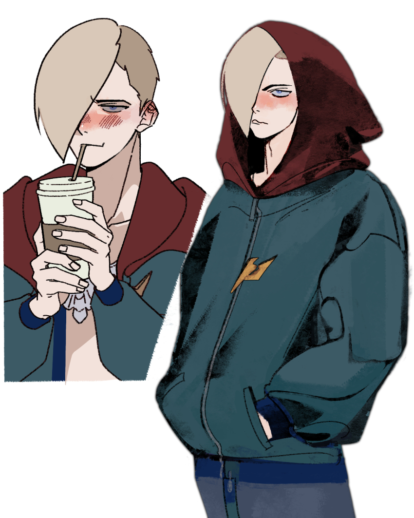 1boy arms_up asymmetrical_hair blonde_hair blue_eyes blue_pants blush closed_mouth commentary cropped_torso cup denim disposable_coffee_cup disposable_cup drinking_straw drinking_straw_in_mouth ed_(street_fighter) english_commentary hands_in_pockets hexermer highres holding holding_cup hood hood_up hoodie jeans long_sleeves male_focus multicolored_hoodie multiple_views one_eye_covered pants red_hood short_hair simple_background street_fighter street_fighter_6 sway_back upper_body wavy_mouth white_background zipper