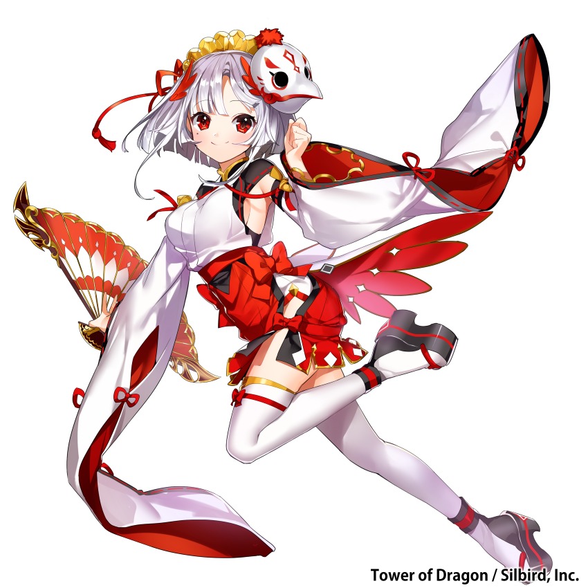 1girl bird_mask blush breasts closed_mouth commentary_request female_focus folding_fan full_body hairdressing hand_fan highres japanese_clothes kimono leg_up long_sleeves looking_at_viewer mask masyu_yuyu medium_breasts mole mole_under_eye obi official_art red_eyes red_ribbon ribbon sash short_hair sideboob silver_hair simple_background smile solo thighhighs tower_of_dragon white_background white_thighhighs wide_sleeves