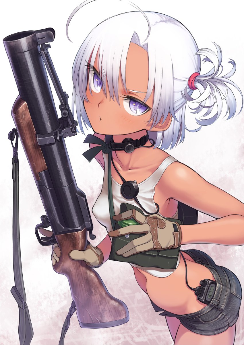 1girl 40x46_lv_hedp_m433 40x46mm_lv absurdres action_manufacturing_company ahoge ammunition anti-materiel_cartridge asymmetrical_bangs black_shorts bob_cut break-action_grenade_launcher butt_crack closed_mouth commentary_request cowboy_shot denim denim_shorts explosive frown gloves grenade grenade_cartridge grenade_launcher grey_gloves hair_tie highres holding holding_weapon kanarr_corporation looking_at_viewer m79 one_side_up original purple_eyes samaru_(seiga) shirt short_shorts shorts silver_hair solo springfield_armory standing subsonic_ammunition tan tank_top throat_microphone tompson_ramo_wooldridge trw_inc. weapon white_shirt