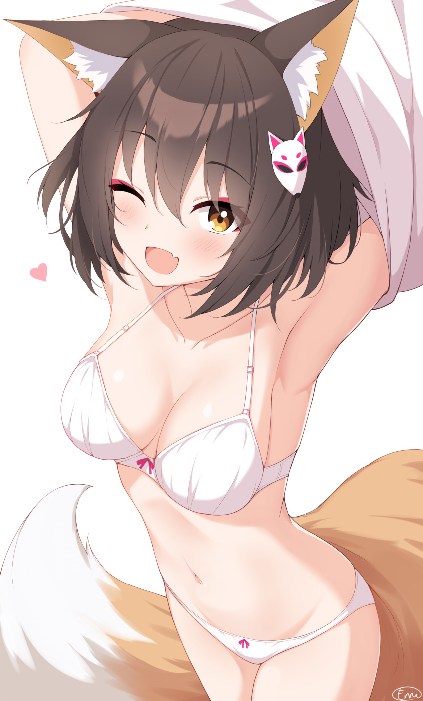 1girl absurdres animal_ear_fluff animal_ears animal_hair_ornament armpits arms_up blue_archive blush breasts brown_hair enru eyeshadow fox_ears fox_girl fox_tail halo highres izuna_(blue_archive) looking_at_viewer makeup medium_breasts navel one_eye_closed open_mouth red_eyeshadow simple_background smile tail underwear undressing yellow_eyes