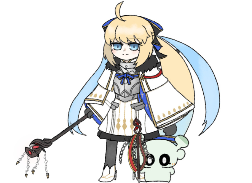 1girl aesc_(fate) aesc_(savior)_(fate) blonde_hair blue_eyes bow con_(fate) fate/grand_order fate_(series) fur_trim hair_between_eyes hair_bow highres holding holding_staff long_hair nekosuki0127 ponytail simple_background smile staff standing