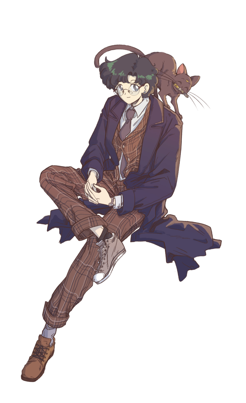 animal bishoujo_senshi_sailor_moon black_cat blue_hair brown_footwear cat doctor_who fourteenth_doctor_(doctor_who) glasses highres invisible_chair jacket light_smile luna_(sailor_moon) mercuri0ff mizuno_ami necktie pants plaid_clothes plaid_jacket plaid_pants shirt short_hair simple_background sitting smile sonic_screwdriver the_doctor the_doctor_(doctor_who) white_background white_shirt