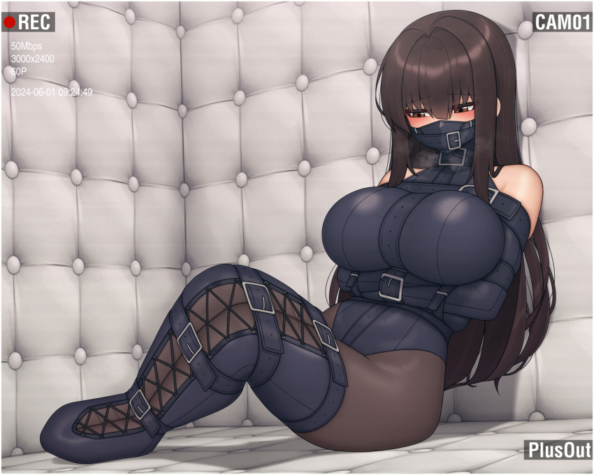 1girl arms_under_breasts artist_name bare_shoulders bdsm belt belt_buckle blush bound bound_arms bound_legs breasts brown_eyes brown_hair buckle full_body gag gagged half-closed_eyes highres large_breasts legbinder long_hair original padded_walls pantyhose plusout recording solo straitjacket viewfinder