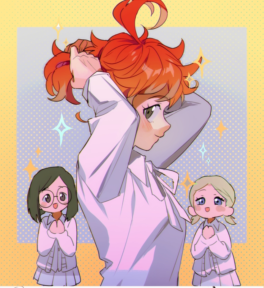 3girls ahoge blush border brown_eyes cardigan conny_(yakusoku_no_neverland) emma_(yakusoku_no_neverland) eyelashes from_side gilda_(yakusoku_no_neverland) glasses highres long_sleeves looking_at_viewer multiple_girls pleated_skirt qin_(7833198) ribbon round_eyewear shirt skirt sparkle tying_hair white_cardigan white_ribbon white_shirt yakusoku_no_neverland yellow_border