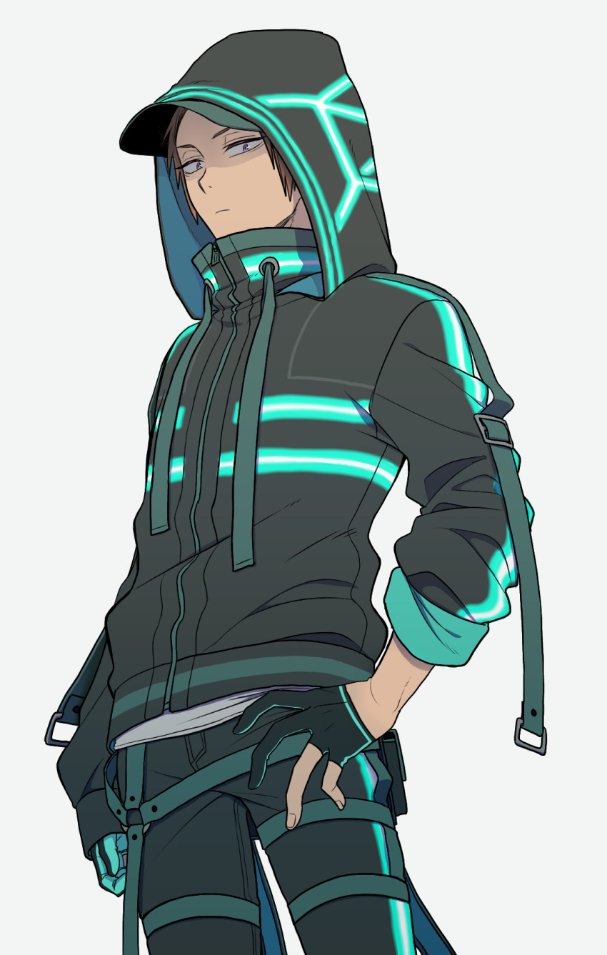 1boy aqua_gloves arafune_tetsuji asymmetrical_gloves baseball_cap black_gloves black_jacket black_pants brown_hair closed_mouth frown gloves glowing hand_on_own_hip harness hat hat_under_hood highres hood hood_up hooded_jacket jacket long_sleeves looking_at_viewer male_focus pants partially_fingerless_gloves purple_eyes shishou_(xxsisyou) short_hair simple_background sleeves_past_wrists sleeves_rolled_up solo white_background world_trigger