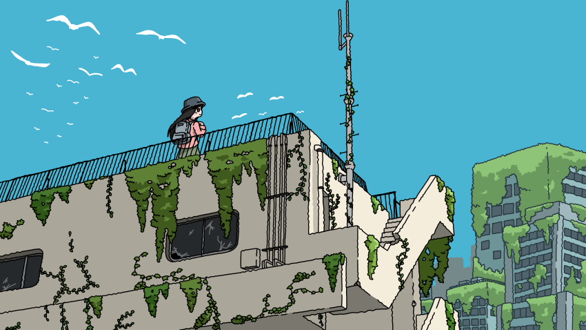 1girl absurdres backpack bag bird black_hair bucket_hat day emesan_desu from_behind grey_hat hat highres long_hair long_sleeves looking_to_the_side original outdoors overgrown pink_shirt ruins scenery shirt solo standing wide_shot