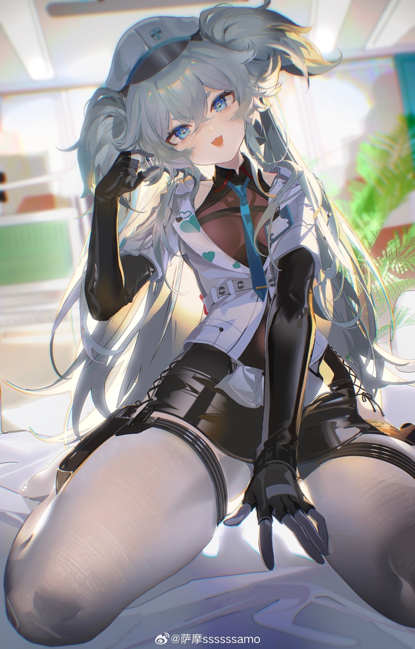 1girl absurdres black_gloves black_skirt blue_eyes florence_(girls&#039;_frontline_2) girls&#039;_frontline girls&#039;_frontline_2:_exilium gloves grey_hair hat highres latex latex_gloves latex_skirt leather leather_skirt open_mouth pa-15_(girls&#039;_frontline) peaked_cap samo_(shichun_samo) skirt solo