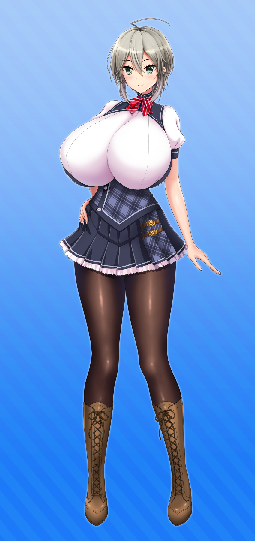 ! 1girl absurdres ahoge breasts btk_(vakamenga_bongu) grey_hair highres honoo_no_haramase_oppai_ero_appli_gakuen huge_breasts motto!_haramase!_(series) school_uniform standing veruka_valentina