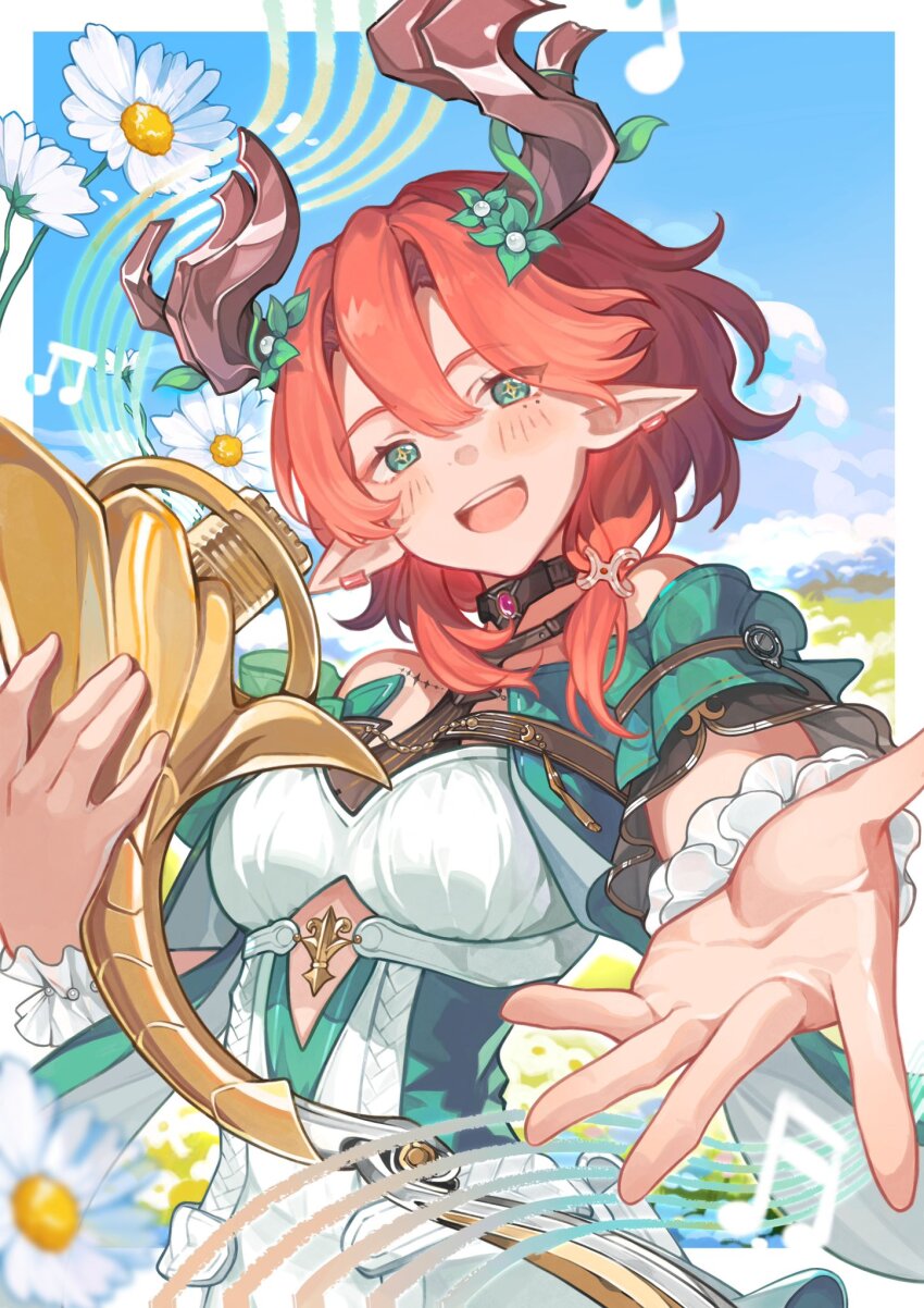 1girl bard bare_shoulders blurry blurry_foreground blush brown_horns ciaccona_(wuthering_waves) cloud commentary_request cutout_above_navel cyxndmr dress earclip flower green_eyes head_tilt highres holding holding_instrument horns instrument looking_at_viewer medium_hair mole mole_under_eye multicolored_dress musical_note musical_staff open_mouth outdoors outstretched_hand pointy_ears red_hair sky solo tacet_mark_(wuthering_waves) tree_horns white_background white_wrist_cuffs wrist_cuffs wuthering_waves yellow_pupils
