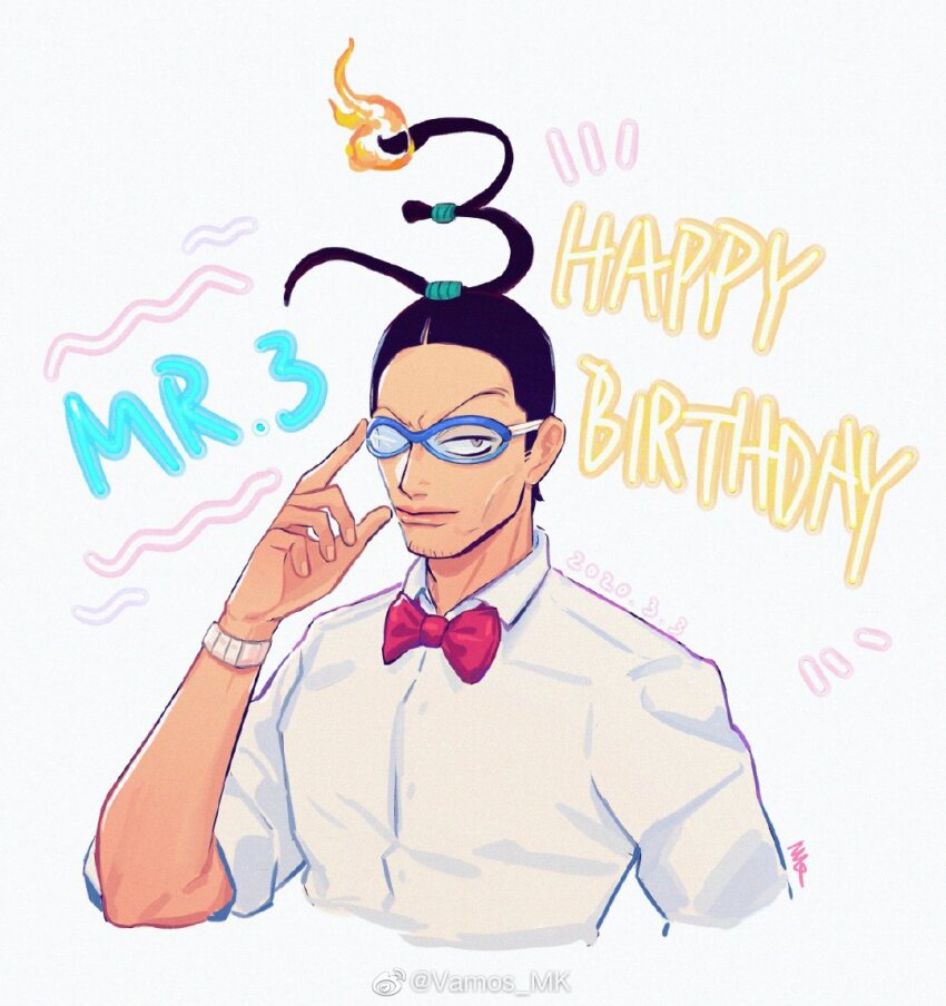 1boy adjusting_eyewear black_hair blue-framed_eyewear bow bowtie closed_mouth collared_shirt cropped_torso fingernails fire galdino happy_birthday impossible_hair looking_at_viewer male_focus one_piece red_bow red_bowtie shirt short_hair sideburns simple_background solo vamos_mk white_shirt