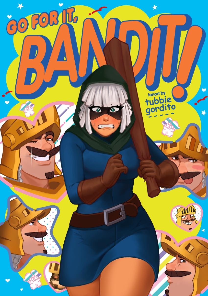 1boy 1girl absurdres artist_name bandit_(clash_royale) belt blue_dress blue_eyes brown_belt brown_gloves clash_royale club_(weapon) dress english_text facial_hair ganbare!_nakamura-kun!! ganbare!_nakamura-kun!!_cover_parody gloves green_hood grin helmet highres holding holding_weapon licking_lips multiple_views mustache one_eye_closed prince_(clash_royale) smile sweat tongue tongue_out tubbiegordito weapon white_hair