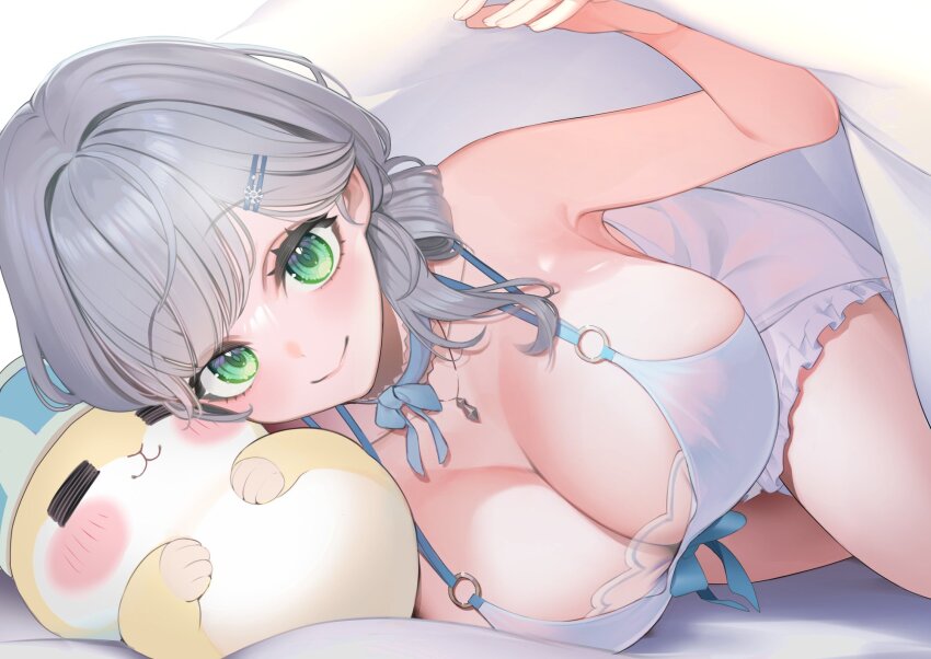 1girl =_= armpit_peek babydoll bare_shoulders blue_babydoll blunt_bangs blush bow bow_choker breasts choker cleavage commentary_request creature dan&#039;in-san_(shirogane_noel) dokkumaa green_eyes grey_hair hair_bun hair_ornament hairpin highres hololive jewelry large_breasts light_smile looking_at_viewer lying necklace o-ring official_alternate_costume official_alternate_hairstyle on_side shirogane_noel shirogane_noel_(9th_costume) single_hair_bun sleepwear solo thighs under_covers very_low_bun virtual_youtuber
