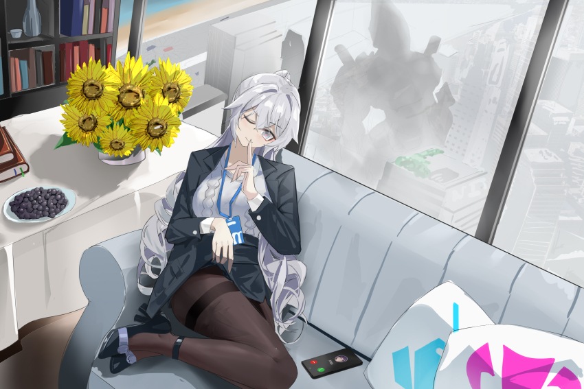 1girl black_jacket black_pantyhose black_skirt book bookshelf breasts bronya_zaychik bronya_zaychik_(outstanding_attitude) bronya_zaychik_(silverwing:_n-ex) cellphone closed_mouth clothes_lift commentary couch finger_to_mouth fingernails flower grey_eyes grey_hair grey_sweater high_heels highres honkai_(series) honkai_impact_3rd incoming_call indoors jacket lanyard large_breasts lilin_(pixiv_25958194) long_hair looking_at_viewer official_alternate_costume on_couch one_eye_closed open_clothes open_jacket pantyhose phone pillow pink_eyes plate raiden_mei raiden_mei_(apho) ribbed_sweater shushing sitting skirt skirt_lift smartphone smile solo sunflower sweater thighband_pantyhose window