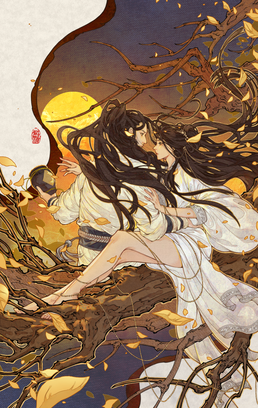 1boy 1girl autumn_leaves barefoot black_hair branch chain chinese_clothes chinese_commentary commentary_request eye_contact falling_leaves grey_sash hair_ornament hand_on_another&#039;s_arm hand_on_another&#039;s_hip hanfu highres holding holding_jar jar leaf long_hair looking_at_another mia_yang original profile seal_impression sitting very_long_hair white_hanfu