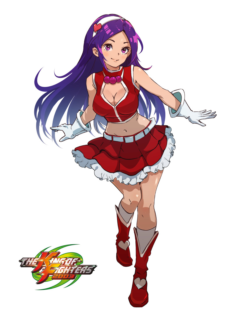 1girl absurdres asamiya_athena bad_link boots clothing_cutout deyouron hair_ornament hairband heart heart_cutout heart_hair_ornament highres jewelry knee_boots light_smile navel necklace pearl_necklace psycho_soldier purple_eyes purple_hair red_boots red_skirt skirt snk solo the_king_of_fighters the_king_of_fighters_2003 white_background white_hairband