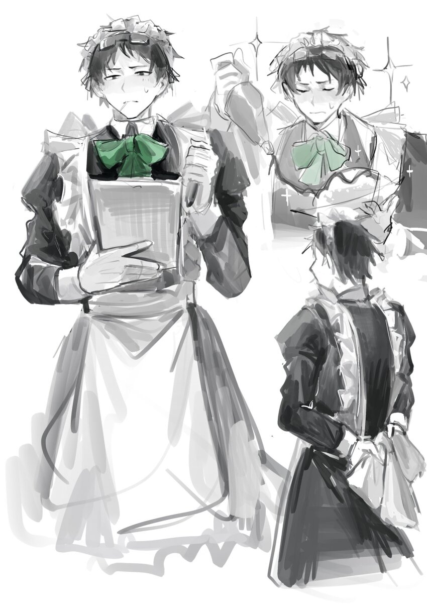 1boy apron arms_behind_back black_dress black_hair closed_eyes collared_shirt dress eyewear_on_head gloves hand_on_own_stomach highres holding holding_towel limbus_company lollipop_in_mouth maid maid_apron maid_headdress male_focus messy_hair multiple_views project_moon samjo_(project_moon) shirt sparkle sweatdrop towel upper_body white_background white_gloves wuruko