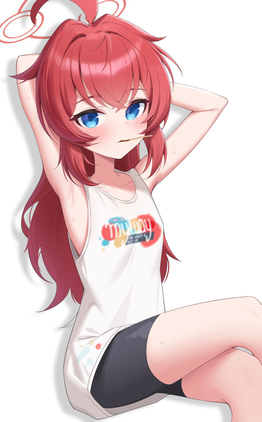 1girl absurdres ahoge armpits arms_behind_head bike_shorts blue_archive blue_eyes collarbone commentary crossed_bangs crossed_legs drop_shadow food food_in_mouth halo highres jei_(user_tckk7448) long_hair looking_at_viewer maki_(blue_archive) maki_(pajamas)_(blue_archive) official_alternate_costume official_alternate_hairstyle pocky pocky_in_mouth red_hair red_halo shadow simple_background sitting solo white_background
