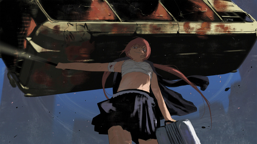 1girl bandaged_arm bandaged_chest bandages black_skirt blood bloody_bandages briefcase bus crack cracked_glass damaged debris evil_grin evil_smile flashlight from_below grin highres holding holding_briefcase holding_flashlight ippotsk jacket jacket_on_shoulders long_hair motion_lines motor_vehicle musujime_awaki outstretched_arm pink_eyes pink_hair pleated_skirt psychic rubble school_uniform skirt smile solo teleportation toaru_majutsu_no_index toaru_majutsu_no_index:_old_testament twintails