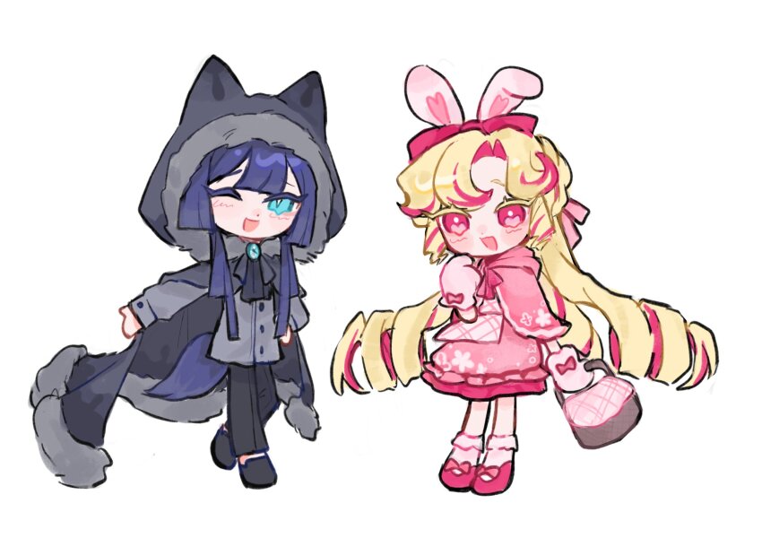 1boy 1girl :d alternate_costume animal_ears bag black_pants black_shoes blonde_hair blue_brooch blue_eyes bow cape capelet colored_eyelashes cookie_run cookie_run:_kingdom curly_hair dress flipped_bangs full_body fur_trim gloves grey_cape grey_shirt highres holding holding_bag humanization kouign-amann_cookie long_hair looking_at_viewer mokaink28 multicolored_hair one_eye_closed open_mouth pants pink_bag pink_bow pink_capelet pink_dress pink_gloves pink_hair pink_shoes pink_socks pink_streaks prune_juice_cookie purple_hair rabbit_ears shirt shoes simple_background smile socks solo standing tail very_long_hair white_background wolf_ears wolf_tail