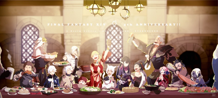 6+boys 6+girls adventurer_(ff14) alcohol alisaie_leveilleur alphinaud_leveilleur animal_ears au_ra beard black_hair black_sclera black_skin breasts brown_hair cat_ears cat_tail cirina_mol cleavage cleavage_cutout closed_eyes clothing_cutout colored_sclera colored_skin dark-skinned_female dark_skin dragon_girl dragon_horns dragon_tail eating elezen elf facial_hair facial_mark feast final_fantasy final_fantasy_xiv food green_eyes grey_eyes hat highres hood horns hyur lalafell lili_mdoki long_hair looking_at_another lyse_hext magnai_oronir midriff miqo&#039;te multiple_boys multiple_girls ninja_(final_fantasy) nutkin pink_hair pointy_ears ponytail sadu_dotharl samurai_(final_fantasy) scales short_hair short_ponytail slit_pupils tail tataru_taru tattoo thancred urianger_augurelt warrior_of_light_(ff1) warrior_of_light_(ff14) white_hair y&#039;shtola_rhul yugiri_mistwalker