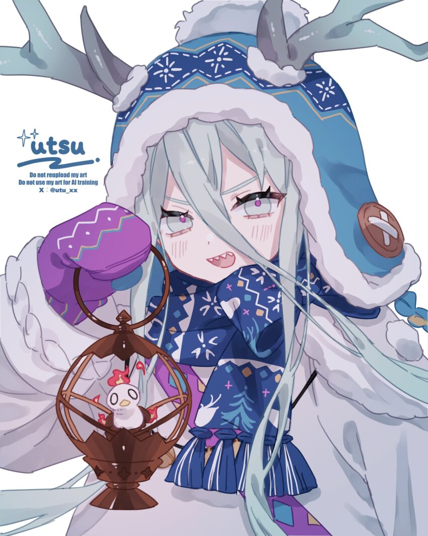 1girl antler_ornament antlers antlers_through_headwear beanie blue_hat blue_scarf fate/grand_order fate_(series) hair_between_eyes hat highres holding holding_lantern horns lantern long_hair long_sleeves looking_at_viewer louhi_(fate) louhi_(second_ascension)_(fate) mittens pom_pom_(clothes) pom_pom_beanie purple_mittens scarf smile solo sweater utsu_(utu_xx) white_eyes white_sweater woollen_cap