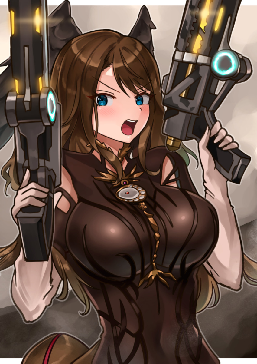 1girl absurdres alternate_color alternate_hair_length alternate_hairstyle bayonetta_(series) black_wings blue_eyes bodysuit border breasts brown_background brown_bodysuit brown_hair commentary dual_wielding elbow_gloves eunie_(xenoblade) feathered_wings gloves gun handgun head_wings highres holding holding_gun holding_weapon large_breasts letterboxed long_hair looking_at_viewer open_mouth outside_border solo teeth upper_teeth_only weapon white_border white_gloves wings xenoblade_chronicles_(series) xenoblade_chronicles_3 yotsuha_uni