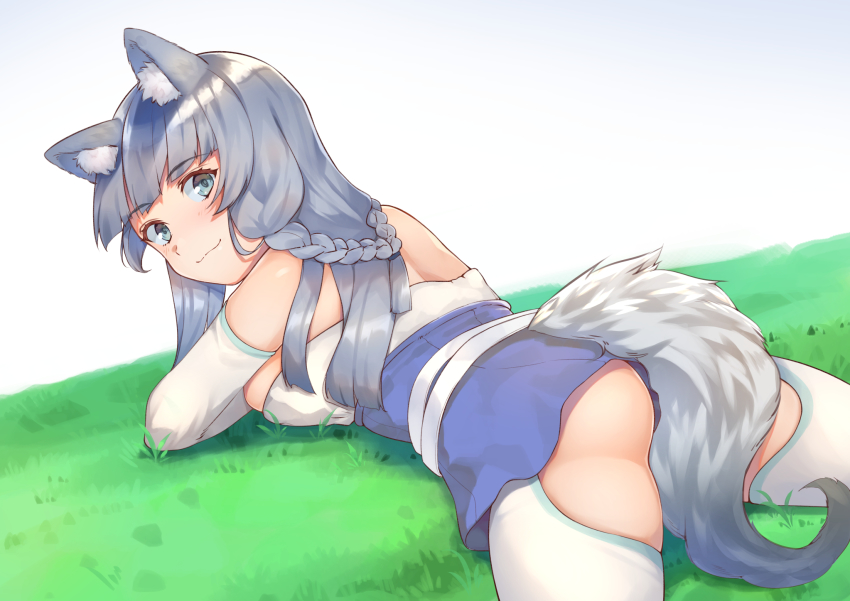 animal_ear_fluff animal_ears ass bare_shoulders blunt_bangs blunt_ends braid breasts closed_mouth dress elbow_gloves from_behind from_side gloves grass grey_hair hataage!_kemono_michi highres imori_(lizzy) large_breasts light_blush long_hair looking_at_viewer looking_back lying off-shoulder_dress off_shoulder on_grass on_stomach outdoors shigure_(kemonomichi) short_dress sleeveless sleeveless_dress smile tail thighhighs white_gloves white_thighhighs wolf_ears wolf_girl wolf_tail