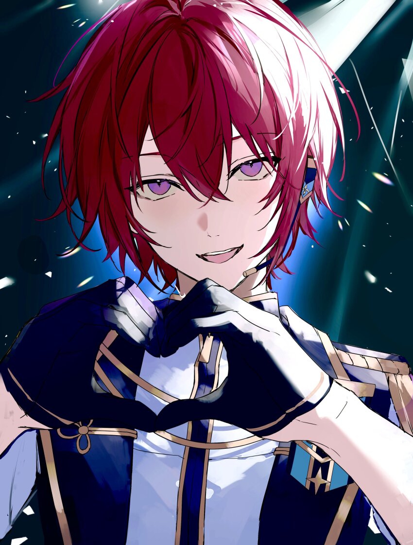 1boy absurdres ensemble_stars! gloves hair_between_eyes heart heart_hands highres jacket long_sleeves looking_at_viewer male_focus nozz177 open_mouth purple_eyes red_hair shirt short_hair smile solo suou_tsukasa upper_body