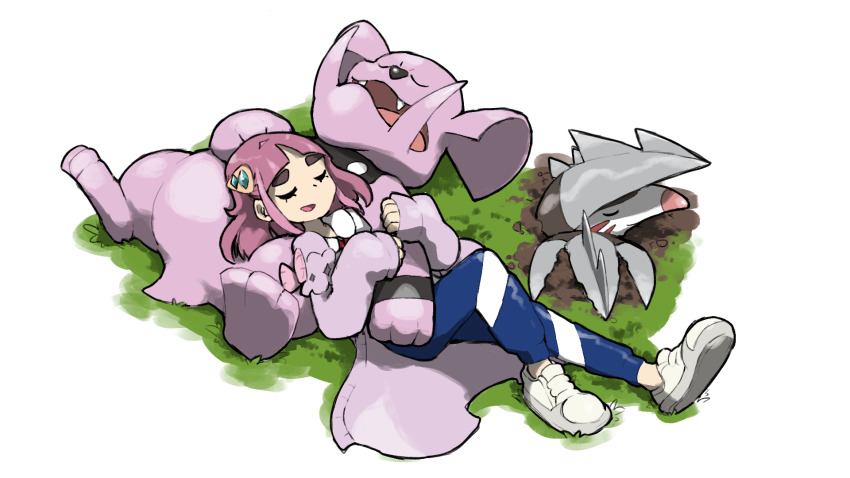 1girl blacknirrow blue_pants cardigan closed_mouth excadrill eyelashes fangs gen_2_pokemon gen_5_pokemon granbull grass highres lacey_(pokemon) lying mismatched_eyebrows nintendo open_mouth pants pink_hair pokemon pokemon_(creature) pokemon_sv purple_cardigan shoes short_hair simple_background sleeping smile white_background white_footwear