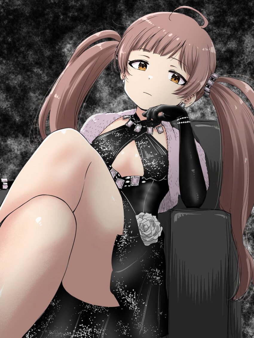 1girl ahoge black_background black_dress black_gloves blunt_bangs bracelet breasts brown_eyes brown_hair cape cleavage cleavage_cutout closed_mouth clothing_cutout couch crossed_legs dot_nose dress earrings elbow_gloves expressionless eyelashes flower from_below fur_cape gloves hakozaki_serika halter_dress halterneck head_rest head_tilt highres idolmaster idolmaster_million_live! idolmaster_million_live!_theater_days jewelry long_hair looking_at_viewer looking_down matcha_kingyo necklace on_couch rose sidelocks sitting small_breasts solo thighs twintails very_long_hair white_flower white_rose