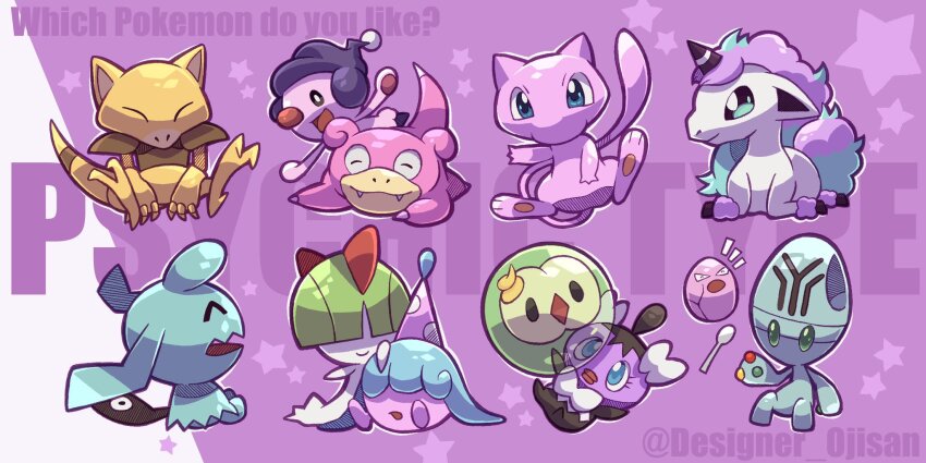 abra artist_name black_eyes blue_eyes blue_hair blue_skin bow bowl_cut closed_eyes colored_skin designer_ojisan elgyem exeggcute galarian_form galarian_ponyta gen_1_pokemon gen_3_pokemon gen_4_pokemon gen_5_pokemon gen_8_pokemon gothita green_hair hair_over_eyes hatenna highres horns legendary_pokemon mew_(pokemon) mime_jr. multicolored_hair mythical_pokemon nintendo open_mouth pink_skin pokemon pokemon_(creature) psychic purple_background ralts slowpoke smile solosis spoon white_bow white_skin wynaut yellow_skin