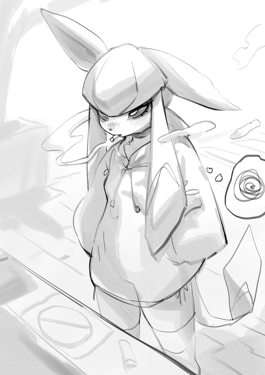 1girl 3gs animal_ears animal_nose annoyed arm_at_side cigarette creatures_(company) drawstring female_focus furry furry_female game_freak gen_4_pokemon glaceon greyscale hand_in_pocket highres long_hair long_sleeves looking_afar monochrome mouth_hold nintendo no_smoking outdoors pokemon pokemon_(creature) side-tie_peek sidelocks sketch smoke smoking solo speech_bubble spoken_squiggle squiggle standing sweater tail thighhighs thought_bubble twintails