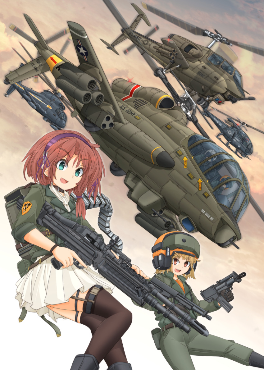 2girls ah-56_cheyenne aircraft ammunition_backpack ammunition_belt ammunition_chute arm_gun ascot assault_rifle attack_helicopter autocannon automatic_grenade_launcher backpack bag bell_207_sioux_scout bell_helicopter bell_textron black_choker black_footwear black_gloves black_legwear blonde_hair boots bracelet brown_hair brown_sky bullpup bushmaster_arm_pistol cannon carbine choke_(weapon) choker commentary_request crew-served_weapon day diverter_choke electronic_firearm emblem gatling_gun gloves green_eyes green_jacket green_jumpsuit grenade_launcher gun gun_pod hair_tie hairband heavy_machine_gun helicopter helmet highres holding holding_gun holding_weapon ironman_(ammunition_backpack) jacket jewelry jumpsuit lockheed_corporation logo long_pistol long_sleeves looking_at_viewer m129_grenade_launcher m134_minigun m197_electric_cannon m60_(machine_gun) machine_gun medium_hair mikeran_(mikelan) military military_uniform military_vehicle minigun miniskirt missile_pod multiple-barrel_gun multiple_girls multiple_others open_mouth orange_headwear original outdoors partial_commentary personal_defense_weapon pleated_skirt prototype_design purple_hairband red_eyes rifle rocket_pod rotary_cannon rotating_stock roundel s-67_blackhawk short_hair sikorsky_aircraft skirt sleeves_rolled_up smile standing standing_on_one_leg stock_(firearm) submachine_gun thigh_strap thighhighs trigger_discipline turret united_states_army weapon weapon_request white_ascot white_skirt xm188_gatling_gun yah-63