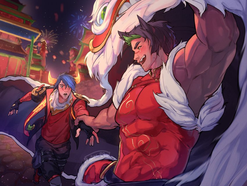 2boys abs absurdres animal_ears aphelios architecture black_hair blouse blue_hair blurry blurry_background chinese_new_year cobblestone cow_horns depth_of_field east_asian_architecture facial_mark facial_tattoo fingerless_gloves firecracker_sett fireworks fur_trim gloves green_eyes green_hair grey_eyes highres holding_another&#039;s_wrist horns jacket lantern large_pectorals league_of_legends lion_dance male_focus multicolored_hair multiple_boys muscular muscular_male neckerchief night outdoors paper_lantern pectorals punbun_4fun reaching reaching_towards_viewer red_shirt scar scar_on_face scar_on_nose sett sett_(league_of_legends) shirt short_hair sleeveless smile tattoo thigh_strap tight_clothes tight_shirt two-tone_hair